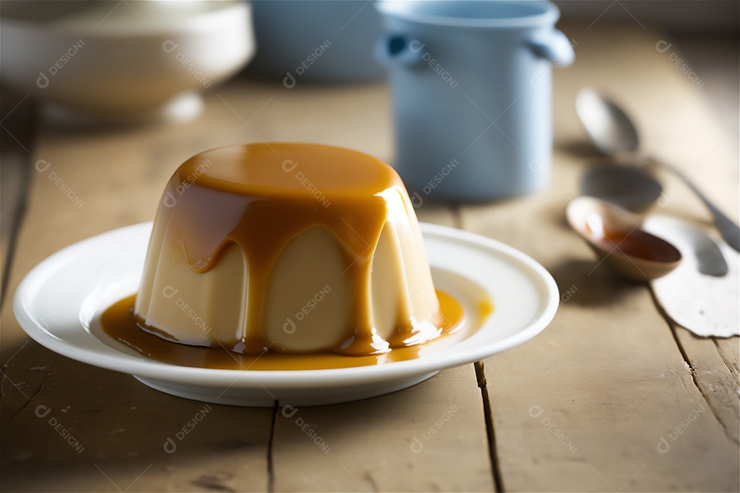Pudim de leite condensado cremoso caseiro coberto com calda de caramelo em prato branco sobre mesa de madeira rústica. IA gerada. vista frontal