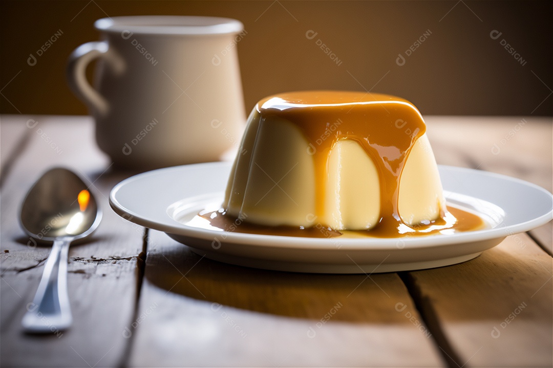 Pudim de leite condensado cremoso caseiro coberto com calda de caramelo em prato branco sobre mesa de madeira rústica. IA gerada. vista frontal