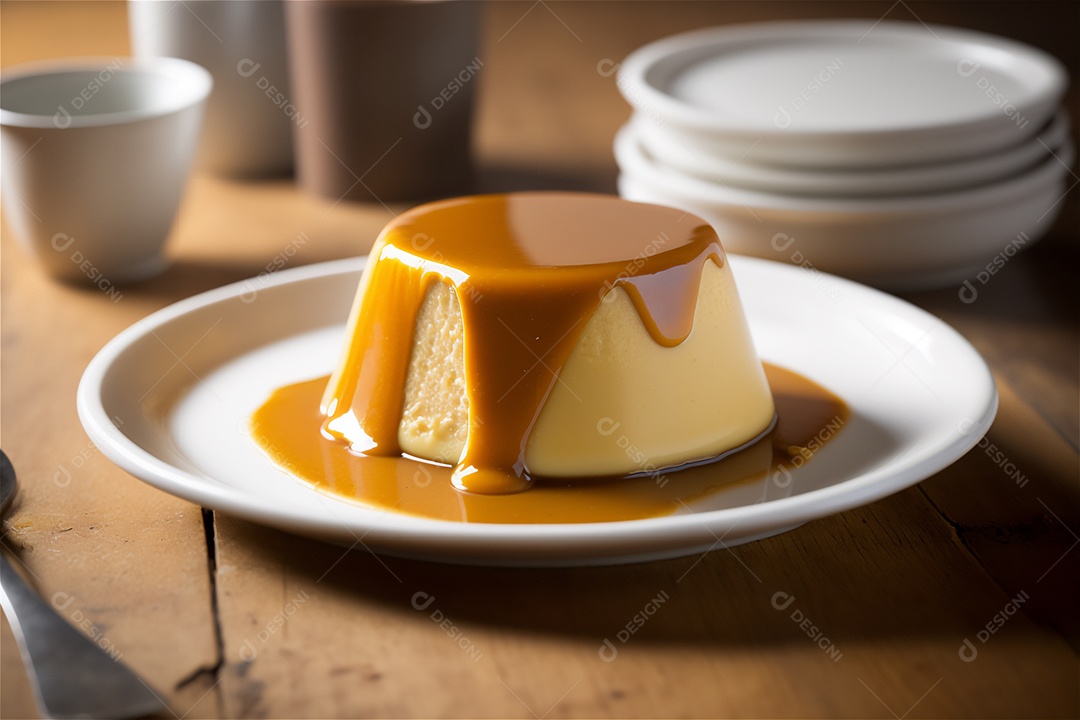 Pudim de leite condensado cremoso caseiro coberto com calda de caramelo em prato branco sobre mesa de madeira rústica. IA gerada. vista frontal