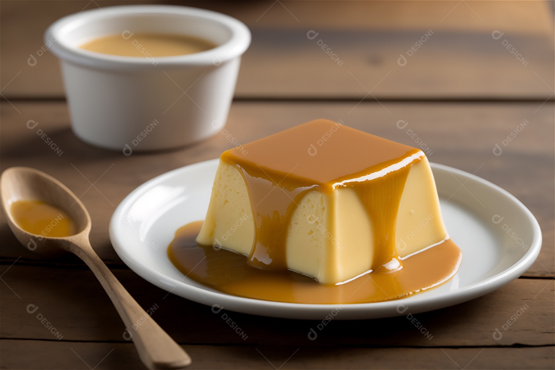 Pudim de leite condensado cremoso caseiro coberto com calda de caramelo em prato branco sobre mesa de madeira rústica. IA gerada. vista frontal