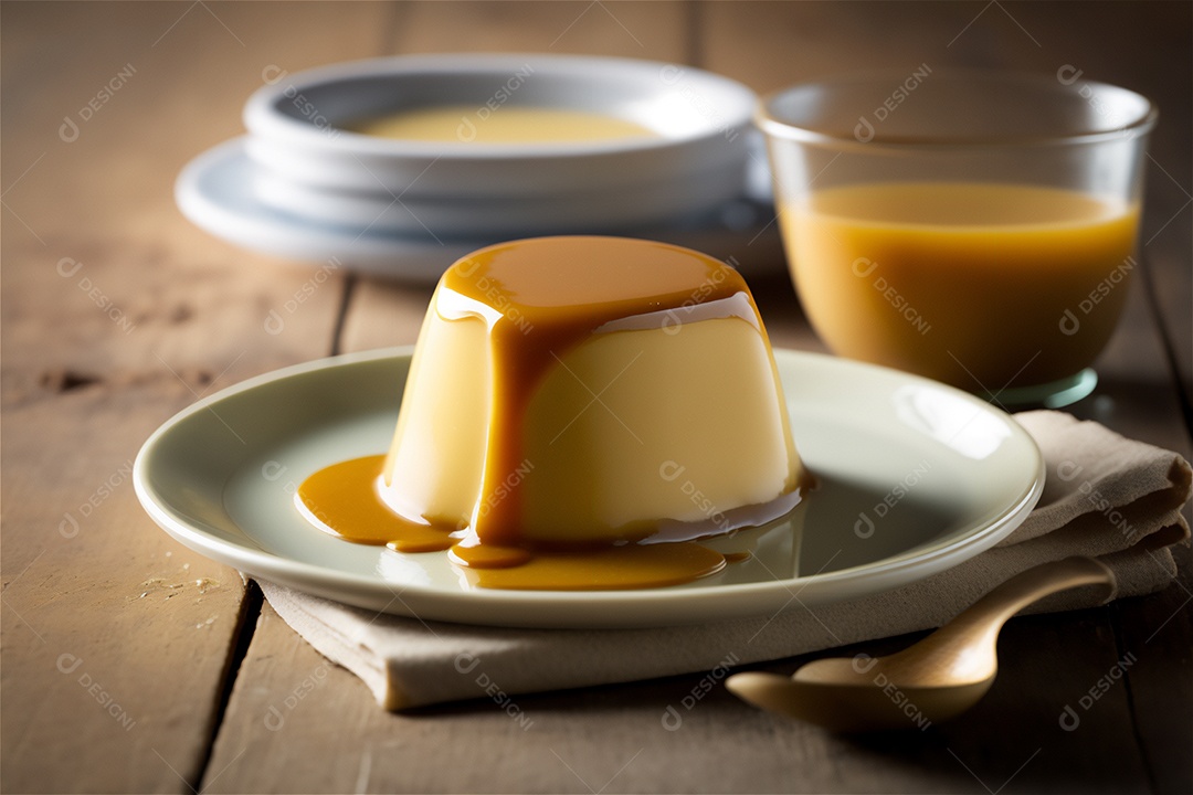 Pudim de leite condensado cremoso caseiro coberto com calda de caramelo em prato branco sobre mesa de madeira rústica. IA gerada. vista frontal