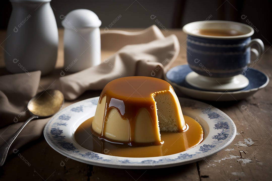 Pudim de leite condensado cremoso caseiro coberto com calda de caramelo em prato branco sobre mesa de madeira rústica. IA gerada. vista frontal