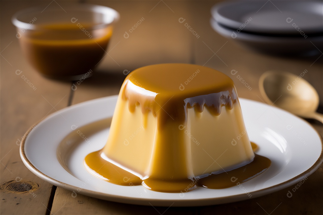 Pudim de leite condensado cremoso caseiro coberto com calda de caramelo em prato branco sobre mesa de madeira rústica. IA gerada. vista frontal