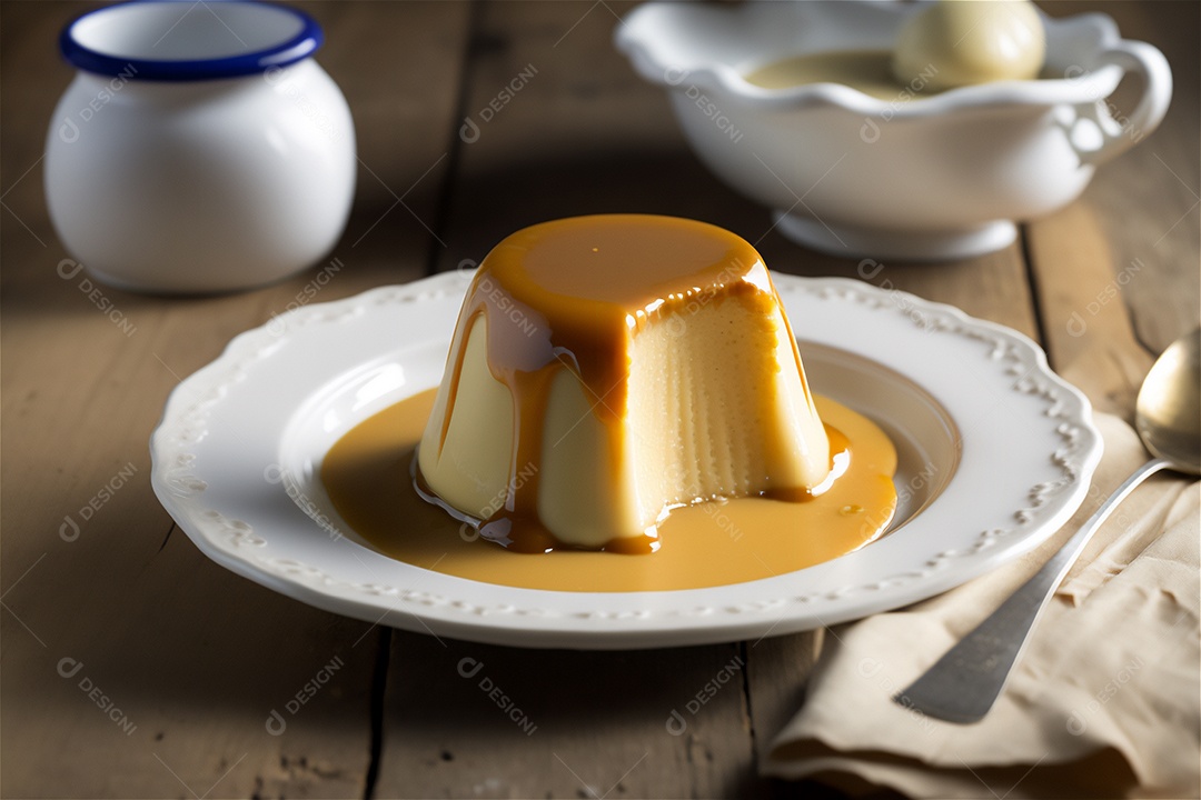 Pudim de leite condensado cremoso caseiro coberto com calda de caramelo em prato branco sobre mesa de madeira rústica. IA gerada. vista frontal