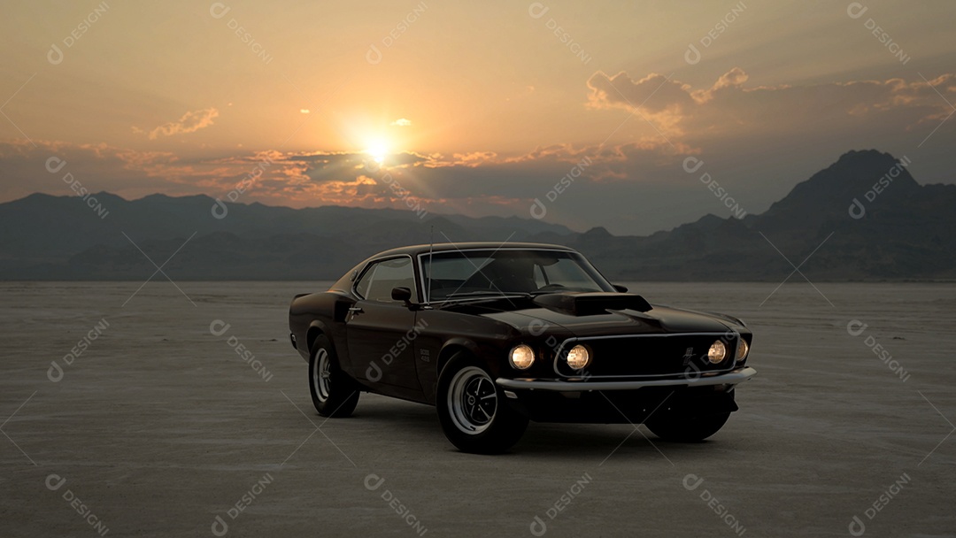 Ford Mustang Boss 429 estacionado no incrível pôr do sol