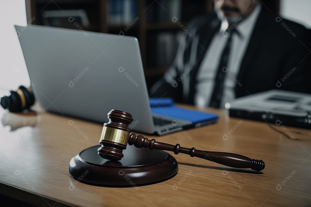 Martelo de justiça com um juiz trabalhando em um laptop dentro de um escritório