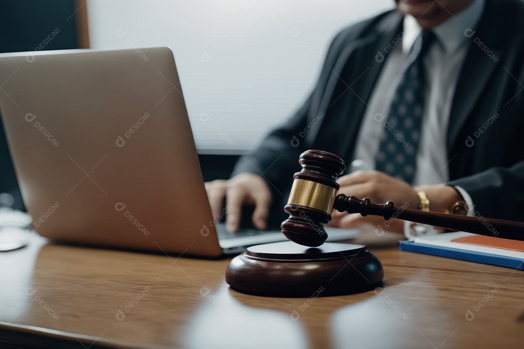 Martelo de justiça com um juiz trabalhando em um laptop dentro de um escritório