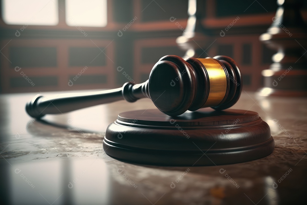 O martelo de um juiz em detalhes com um tribunal vazio ao fundo