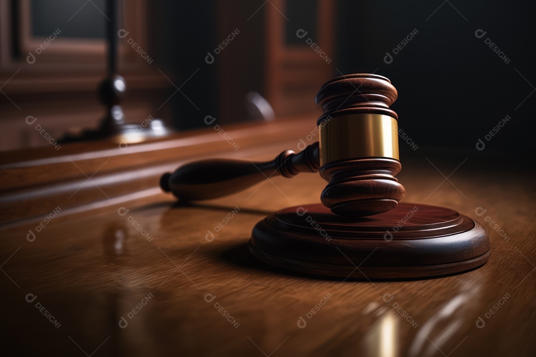 O martelo de um juiz em detalhes com um tribunal vazio ao fundo