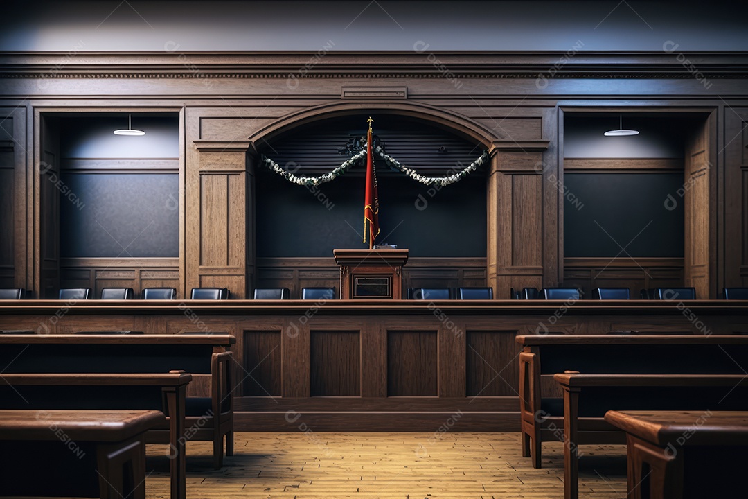 A balança da justiça em detalhes sobre a mesa com um tribunal vazio ao fundo