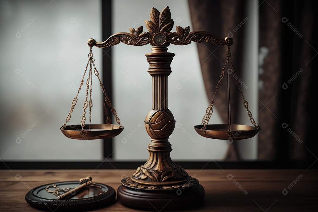 A balança da justiça em detalhes sobre a mesa com um tribunal vazio ao fundo