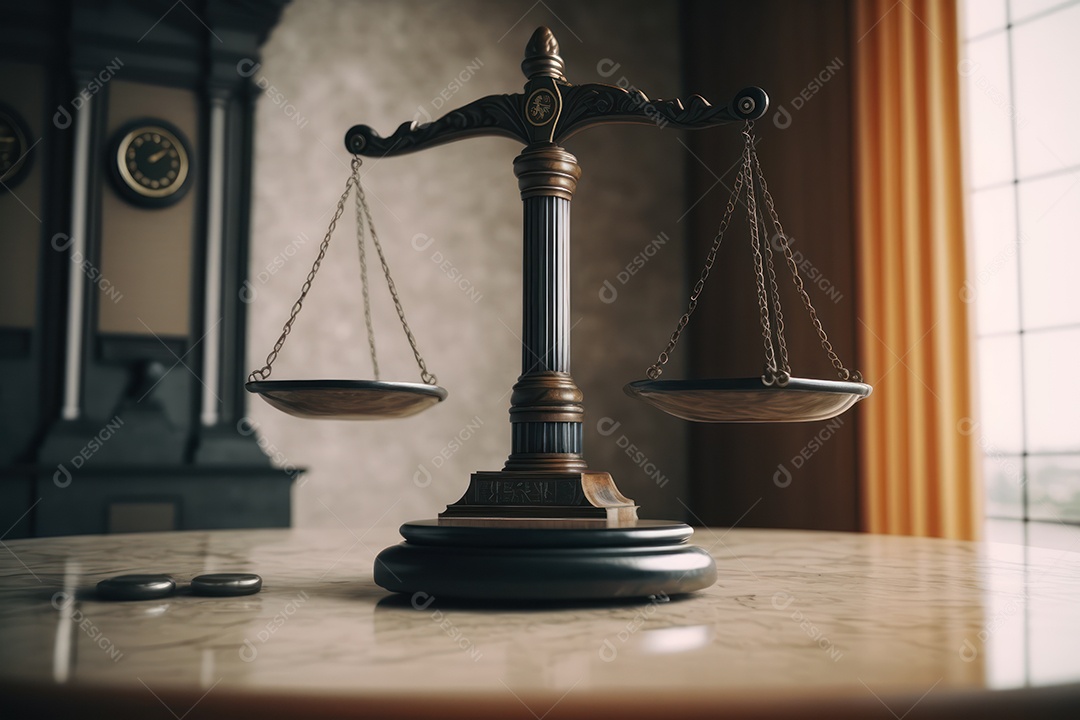 A balança da justiça em detalhes sobre a mesa com um tribunal vazio ao fundo