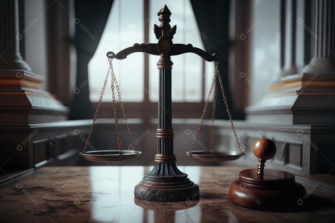 A balança da justiça em detalhes sobre a mesa com um tribunal vazio ao fundo