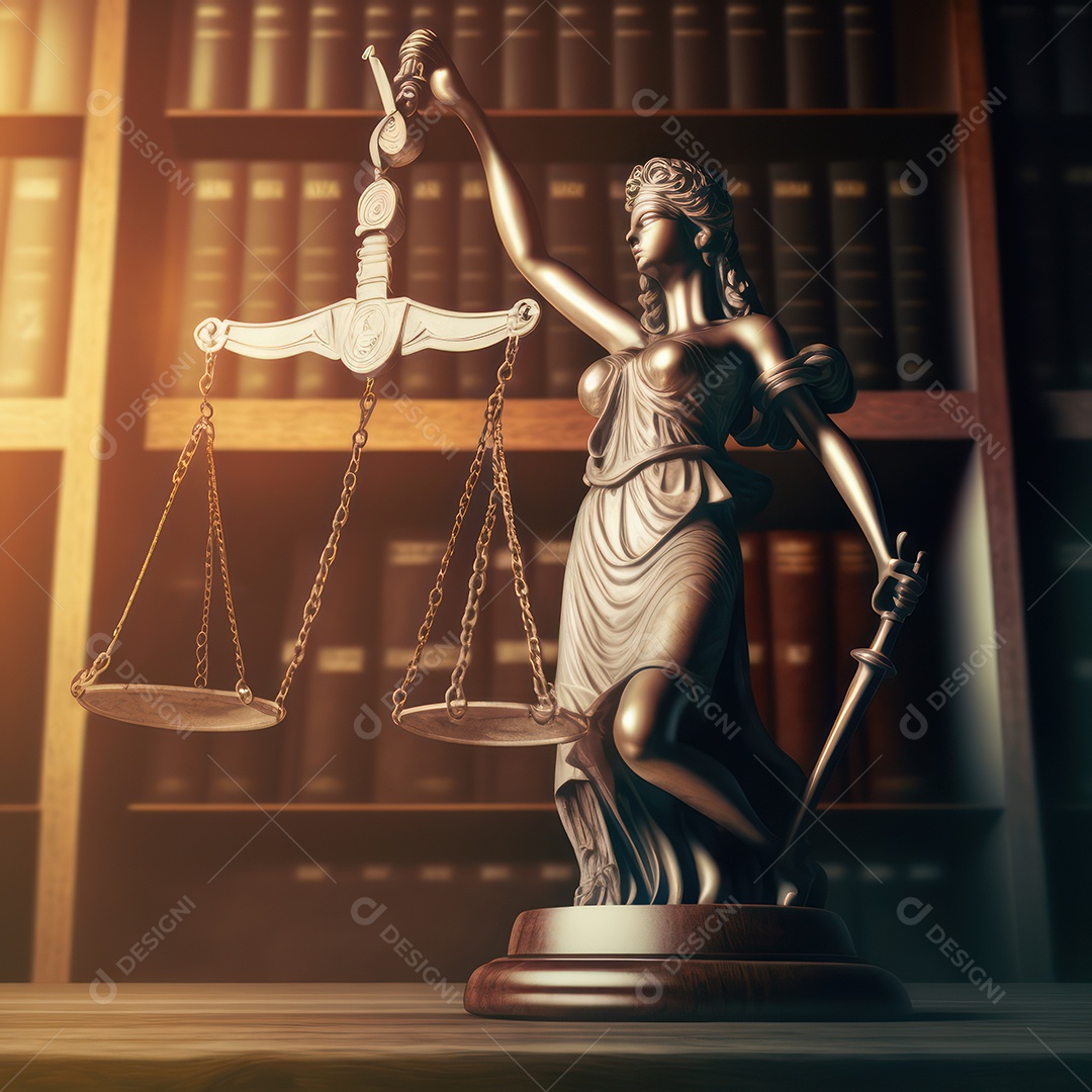 Uma estátua da deusa grega da justiça Themis balança sobre a mesa com um tribunal vazio ao fundo