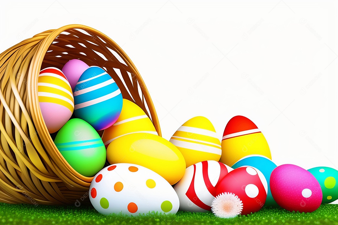 Ovos de Páscoa na grama verde fresca sobre fundo branco