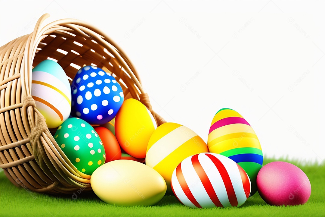 Ovos de Páscoa na grama verde fresca sobre fundo branco