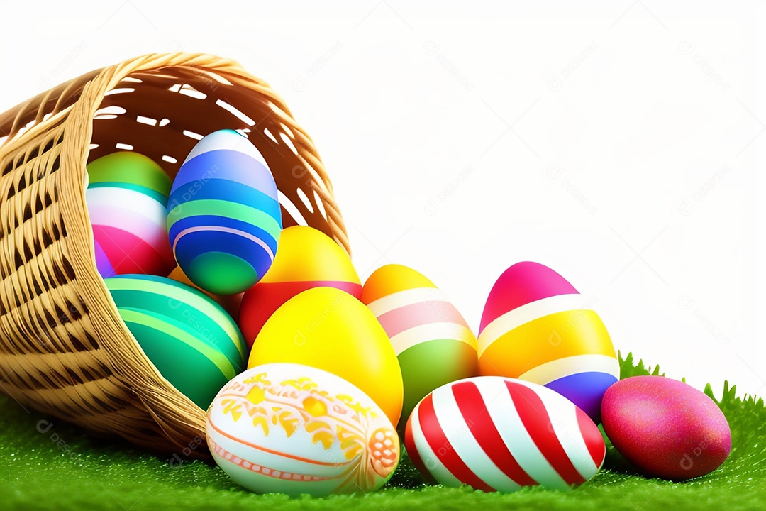 Ovos de Páscoa na grama verde fresca sobre fundo branco