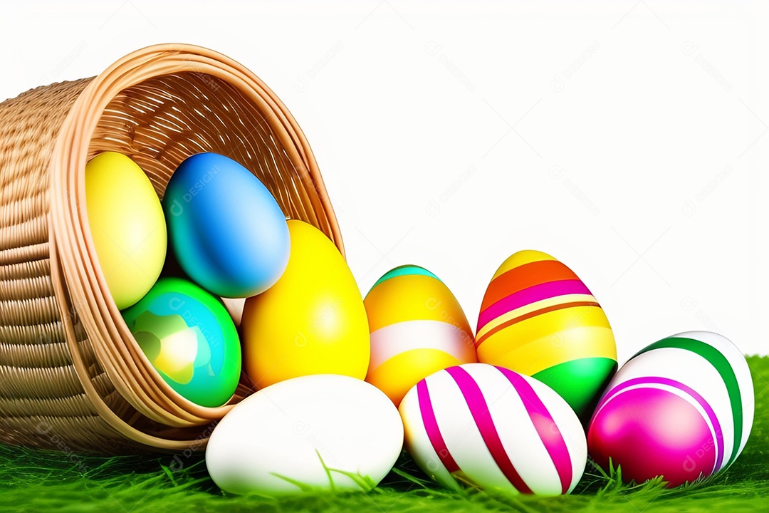 Ovos de Páscoa na grama verde fresca sobre fundo branco