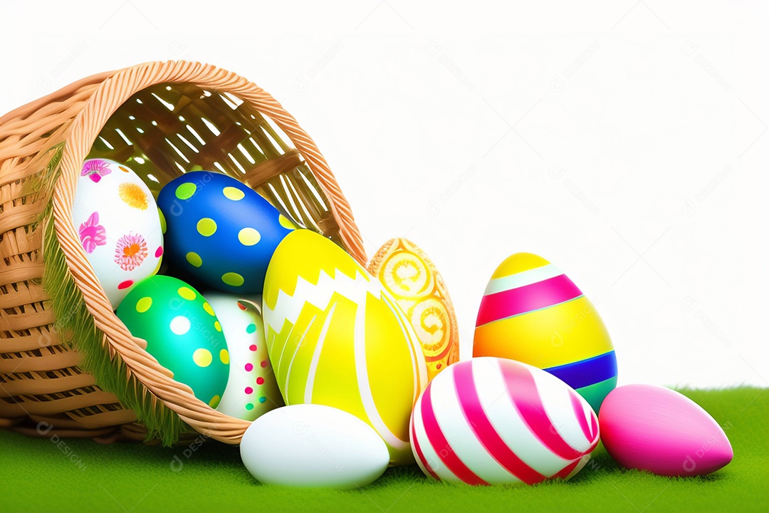 Ovos de Páscoa na grama verde fresca sobre fundo branco