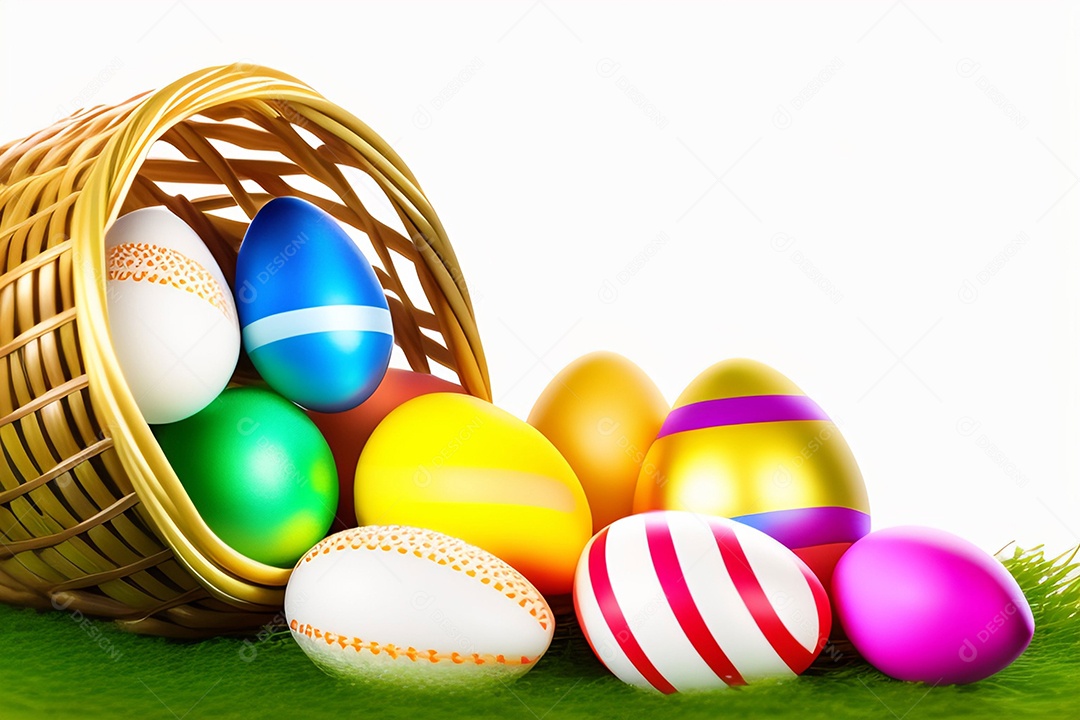 Ovos de Páscoa na grama verde fresca sobre fundo branco