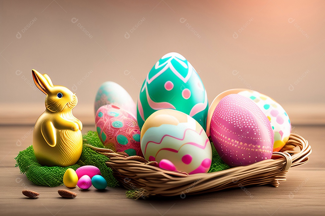 Ovos de páscoa coloridos e coelho dourado