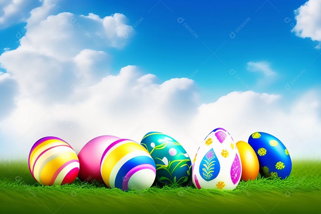 Ovos de Páscoa na grama verde fresca sobre o céu azul