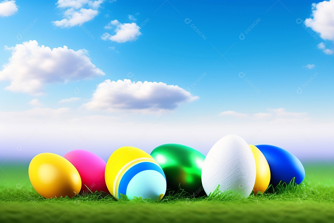 Ovos de Páscoa na grama verde fresca sobre o céu azul