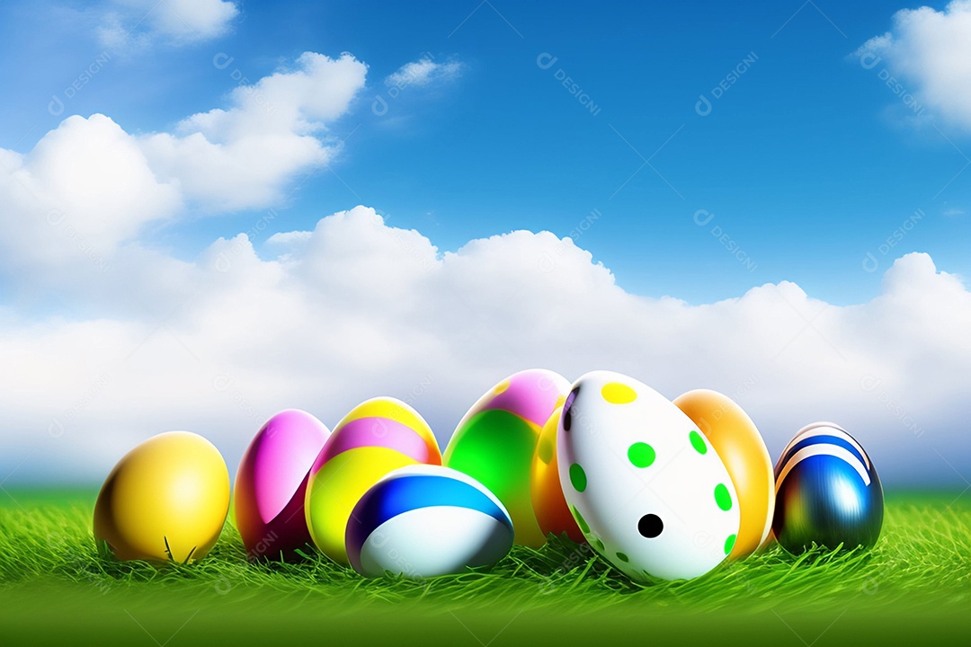 Ovos de Páscoa na grama verde fresca sobre o céu azul