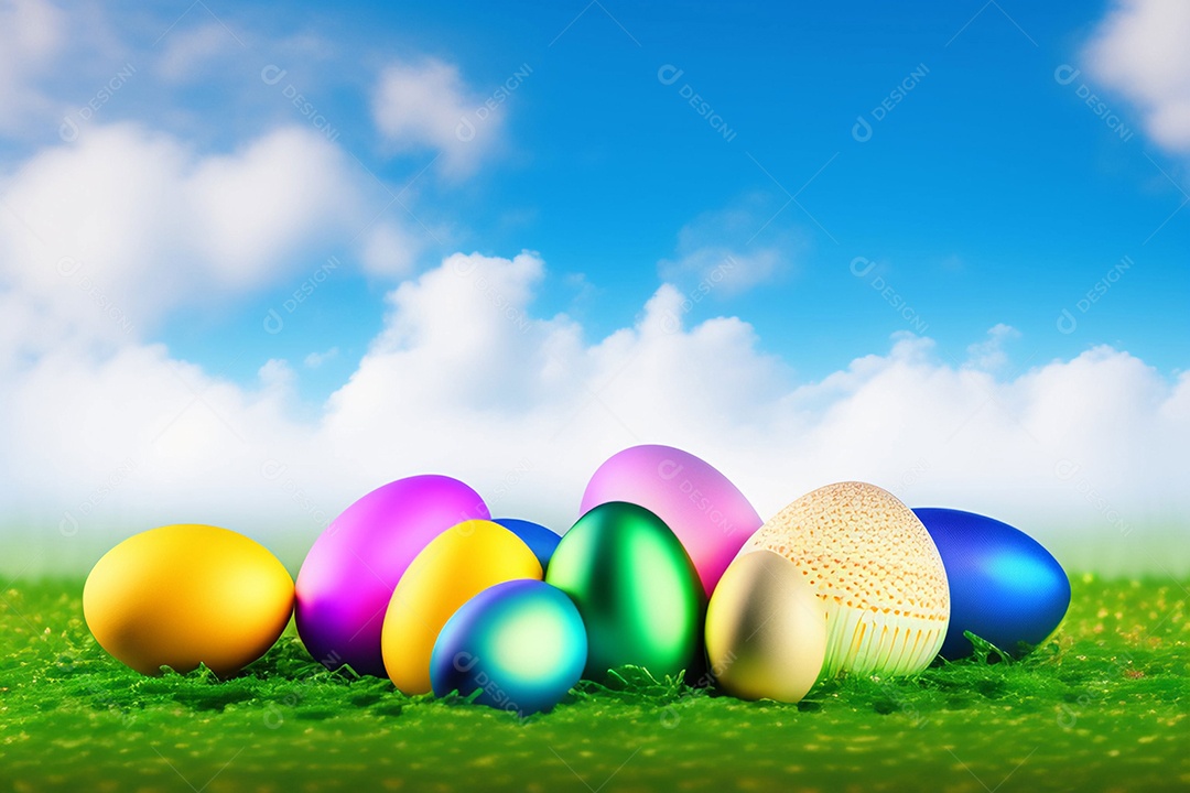 Ovos de Páscoa na grama verde fresca sobre o céu azul