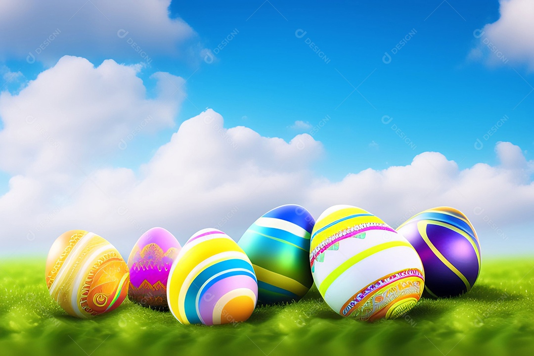Ovos de Páscoa na grama verde fresca sobre o céu azul
