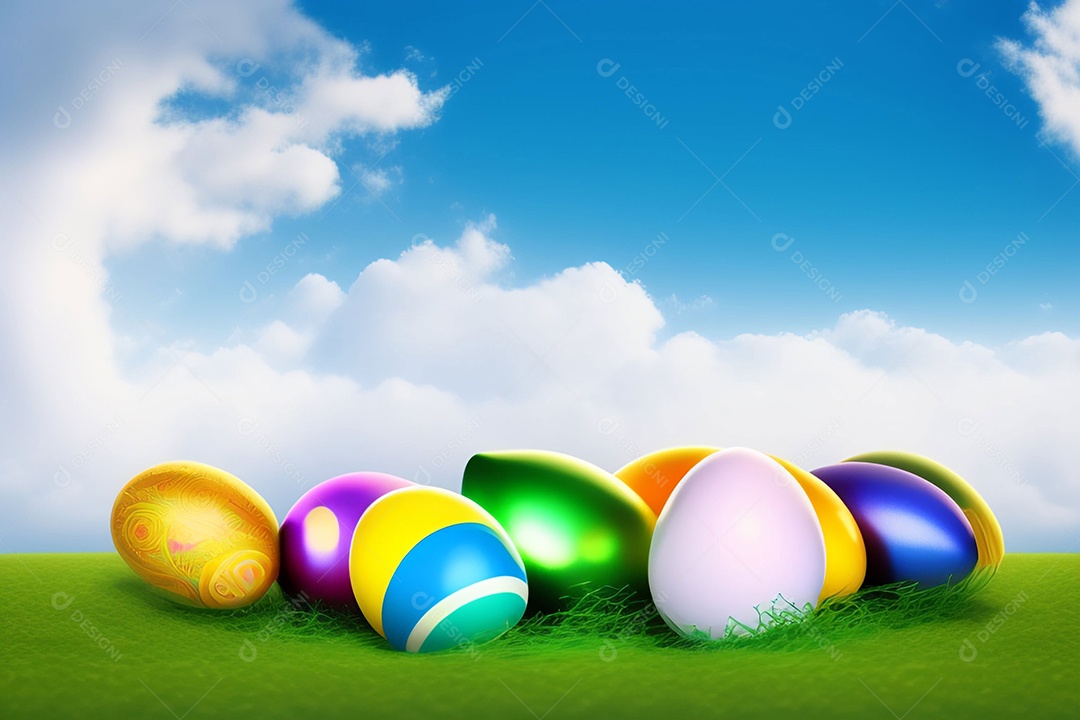 Ovos de Páscoa na grama verde fresca sobre o céu azul