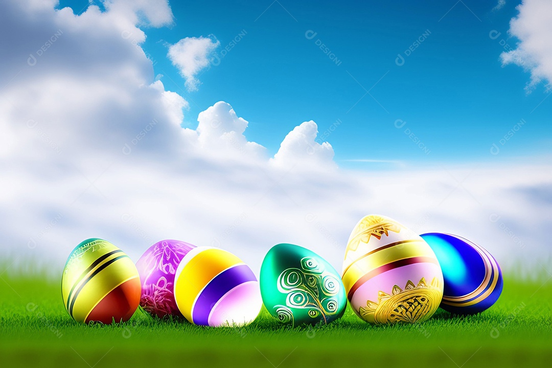 Ovos de Páscoa na grama verde fresca sobre o céu azul