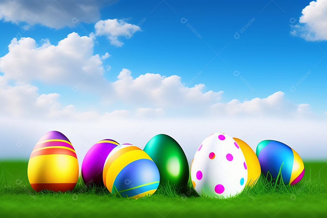 Ovos de Páscoa na grama verde fresca sobre o céu azul
