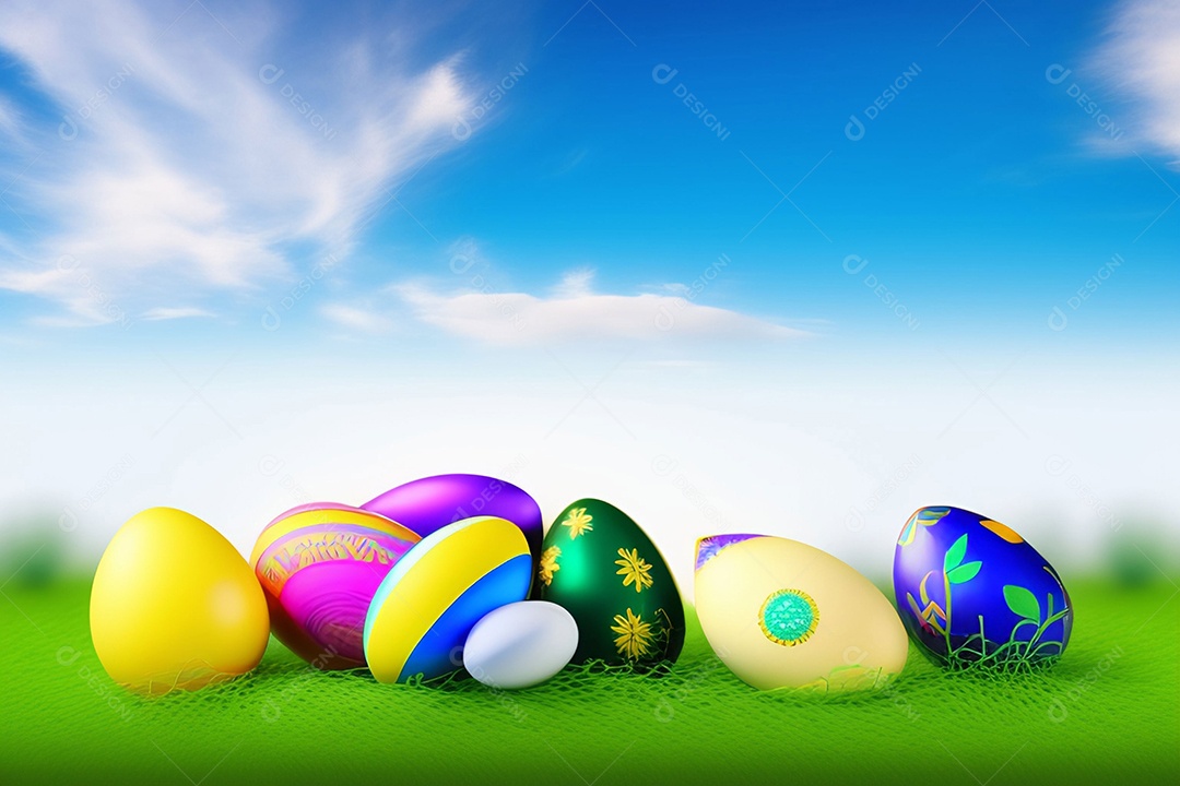 Ovos de Páscoa na grama verde fresca sobre o céu azul