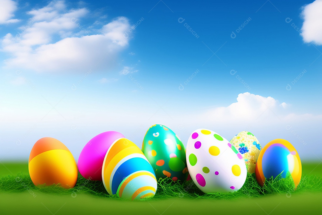 Ovos de Páscoa na grama verde fresca sobre o céu azul