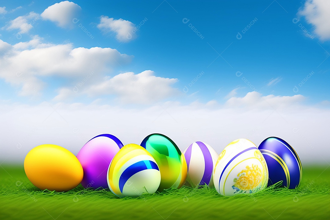 Ovos de Páscoa na grama verde fresca sobre o céu azul