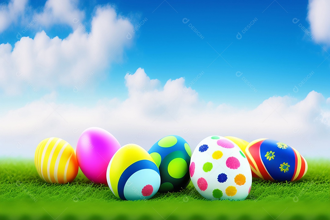 Ovos de Páscoa na grama verde fresca sobre o céu azul