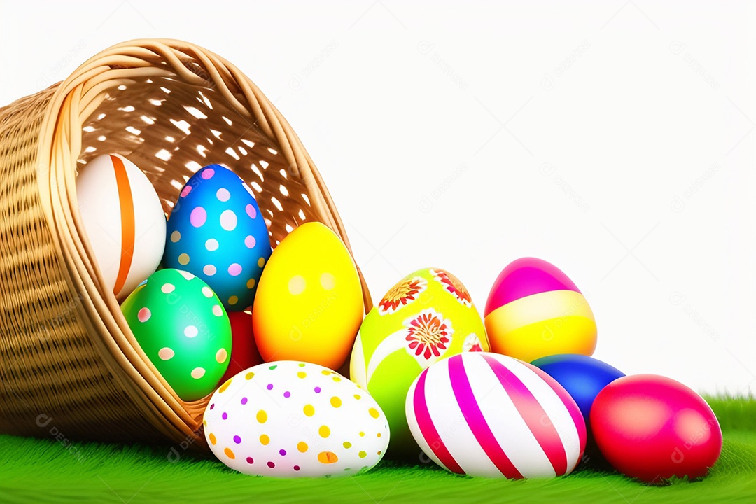 Ovos de Páscoa na grama verde fresca sobre fundo branco