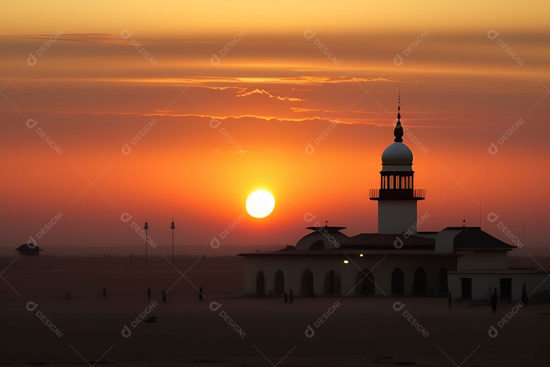 Pôr do sol com mesquita muçulmana em primeiro plano