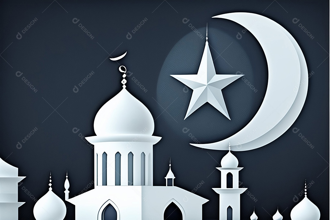 Cúpula de mesquitas em noite escura com lua crescente em fundo preto