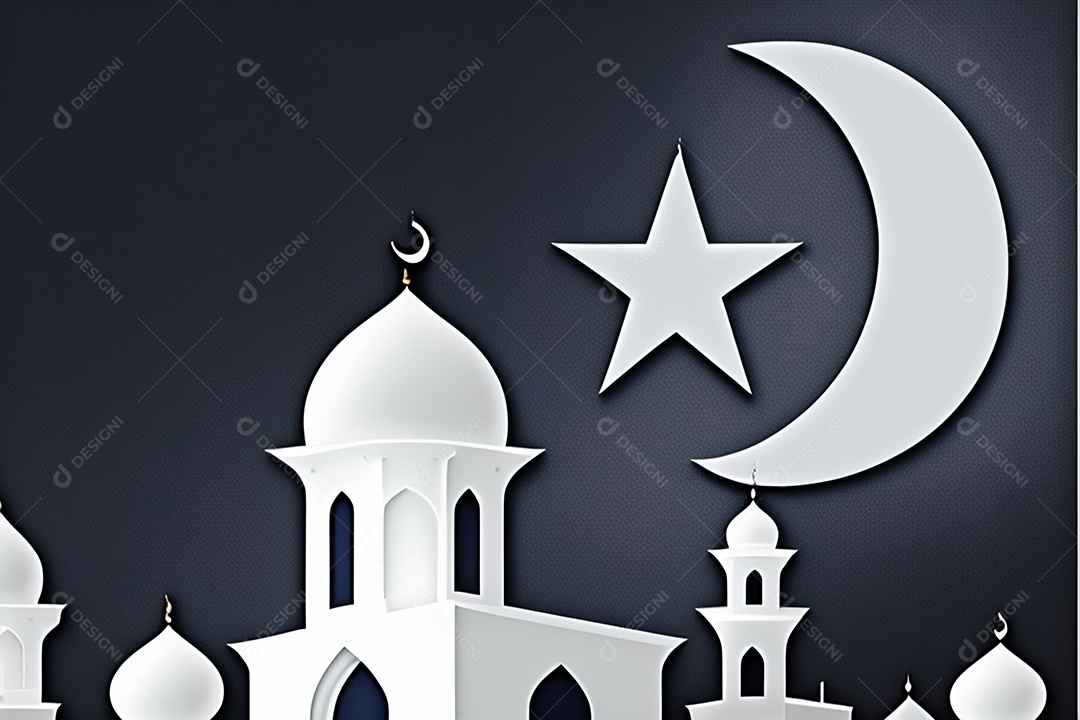 Cúpula de mesquitas em noite escura com lua crescente em fundo preto