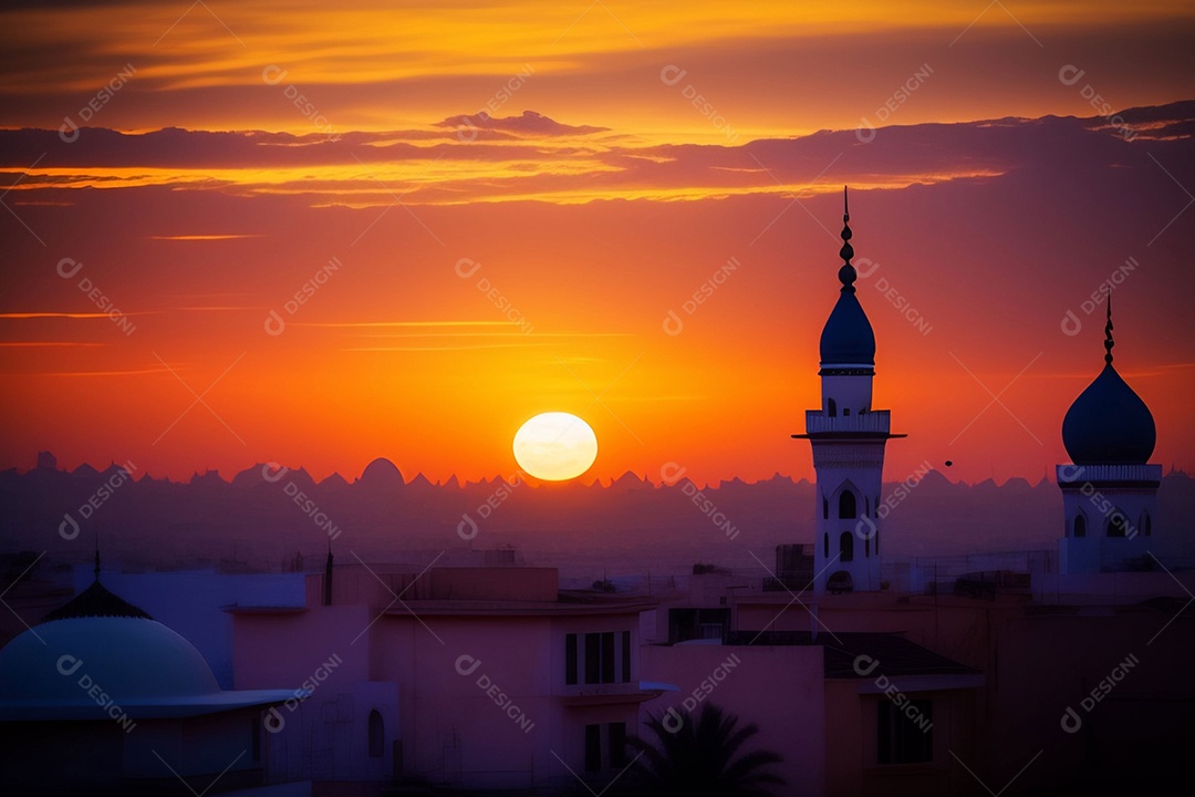 Pôr do sol com mesquita muçulmana a frente
