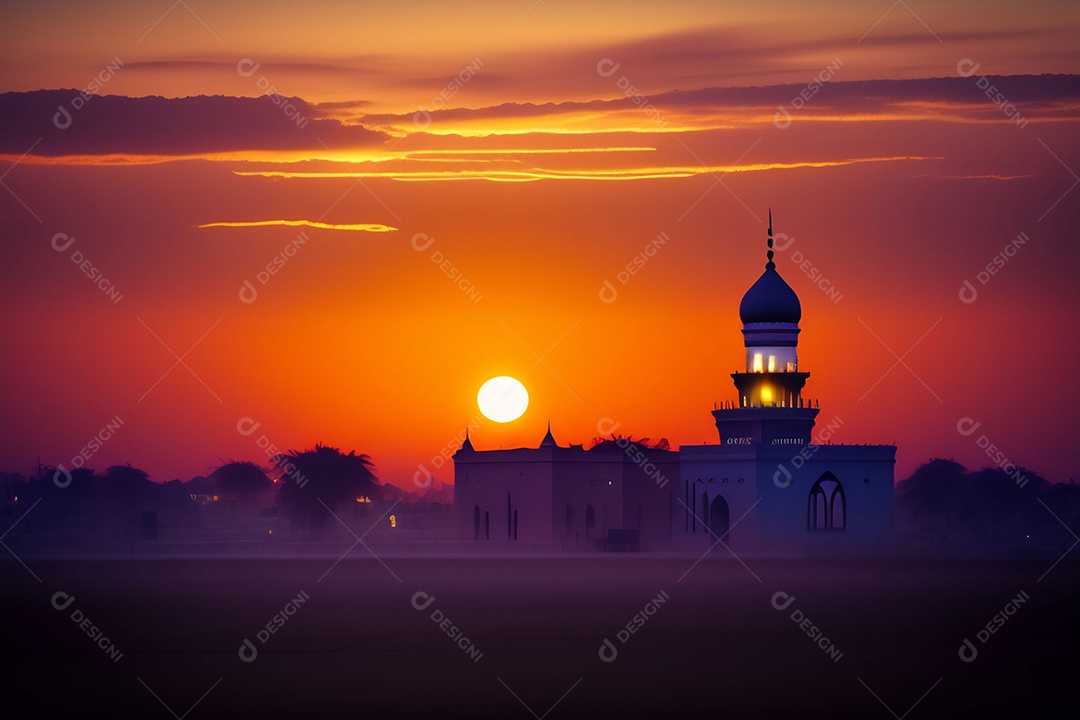 Pôr do sol com mesquita muçulmana a frente