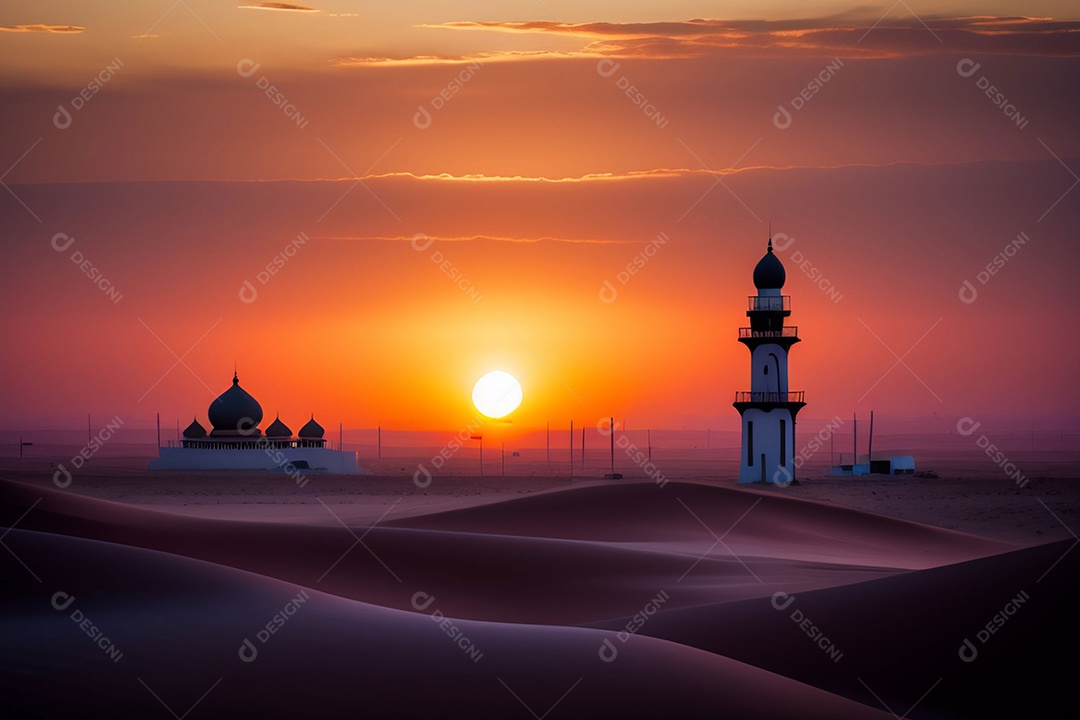 Pôr do sol com mesquita muçulmana a frente