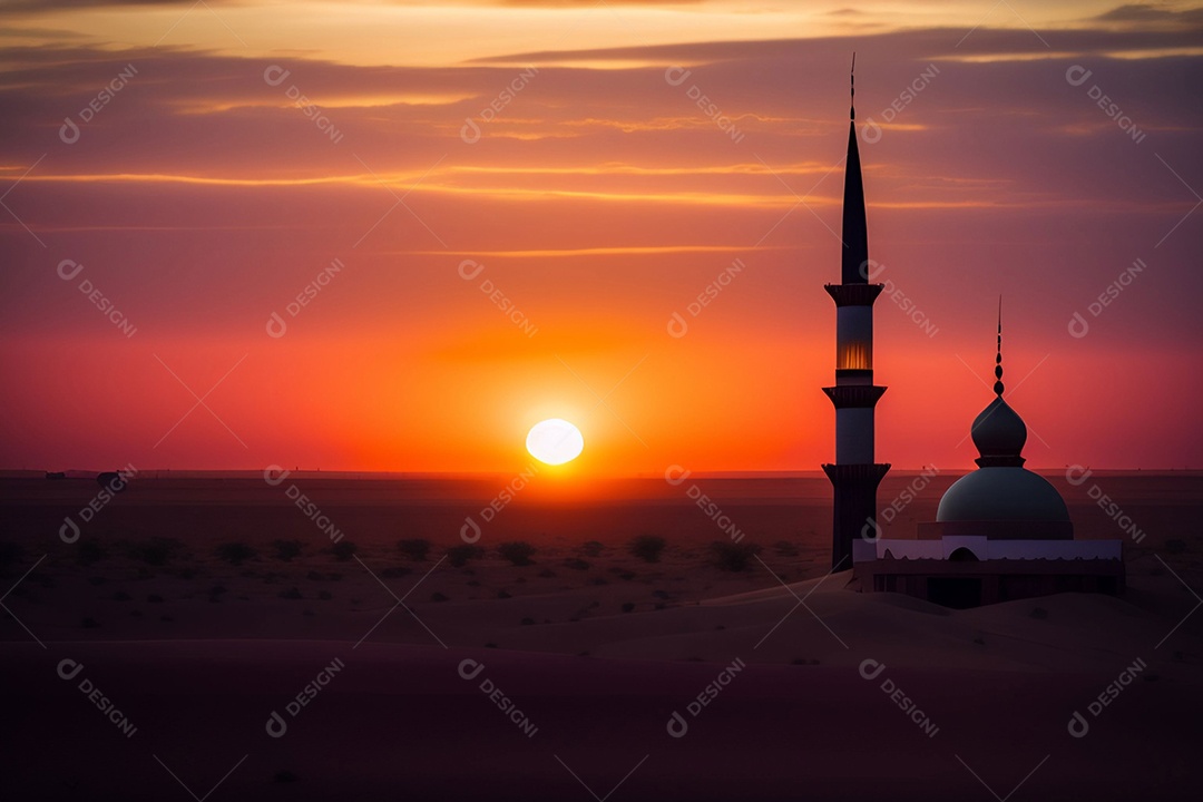 Pôr do sol com mesquita muçulmana a frente