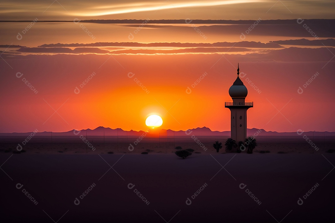 Pôr do sol com mesquita muçulmana a frente