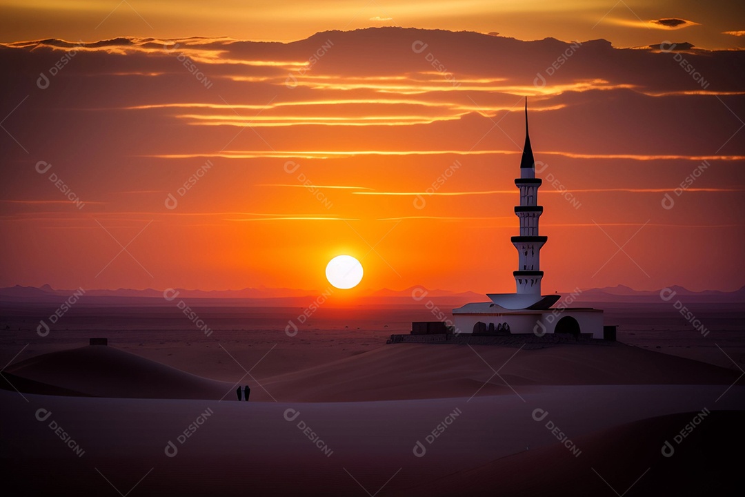 Pôr do sol com mesquita muçulmana a frente
