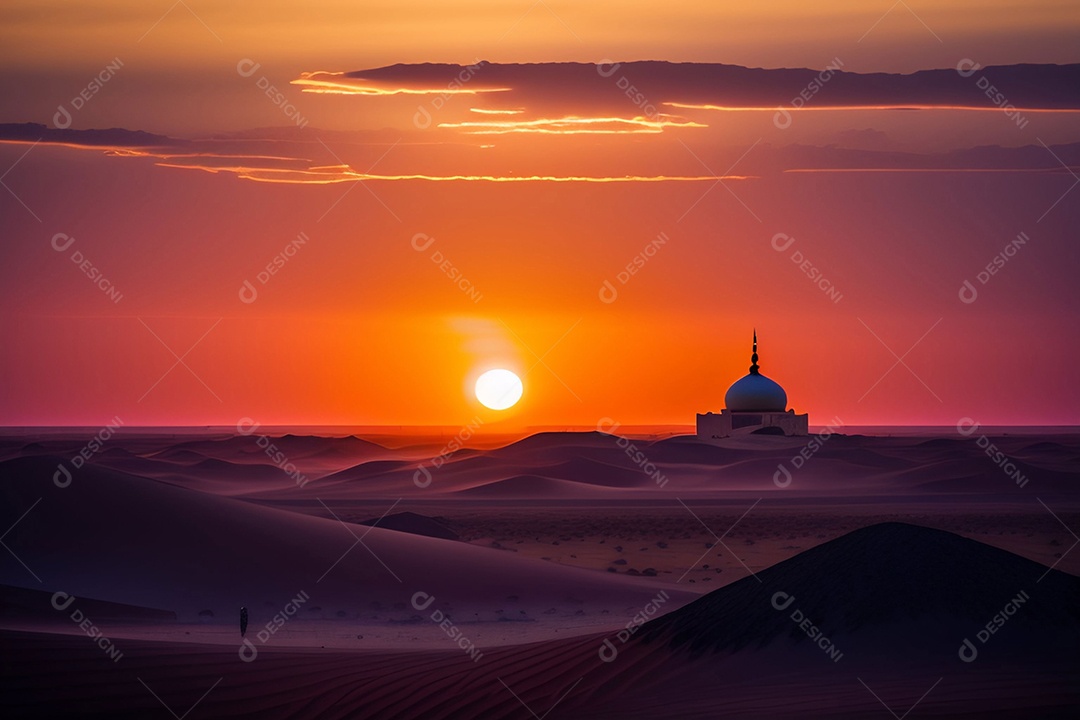Pôr do sol com mesquita muçulmana a frente