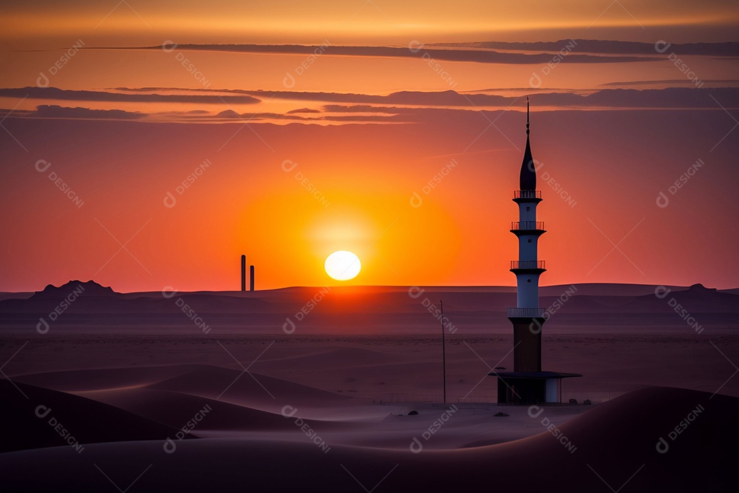 Pôr do sol com mesquita muçulmana a frente