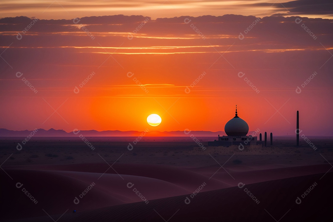 Pôr do sol com mesquita muçulmana a frente